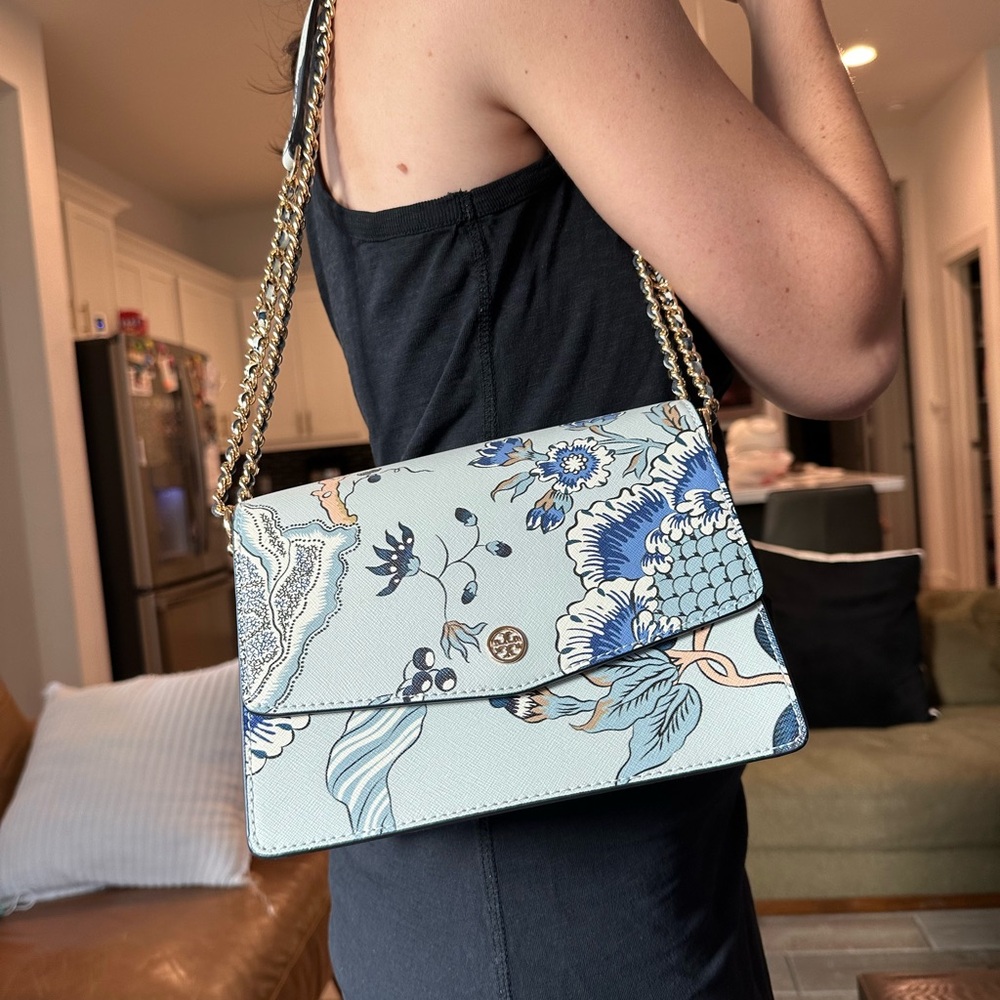 Tory Burch Floral Blue and White Shoulder Bag